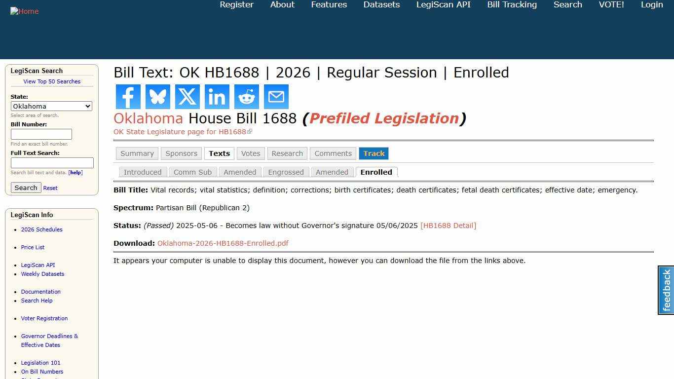 Bill Text: OK HB1688 2026 Regular Session Enrolled LegiScan